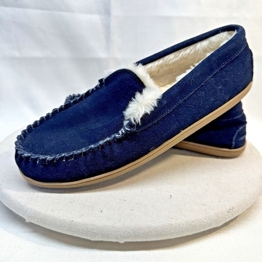 J.Crew Moccasin Slippers Men 10 Navy Blue Suede Faux Fur Lined BL639 Preppy Cozy - Picture 4 of 8